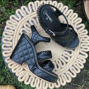 Chanel black leather braided wedge